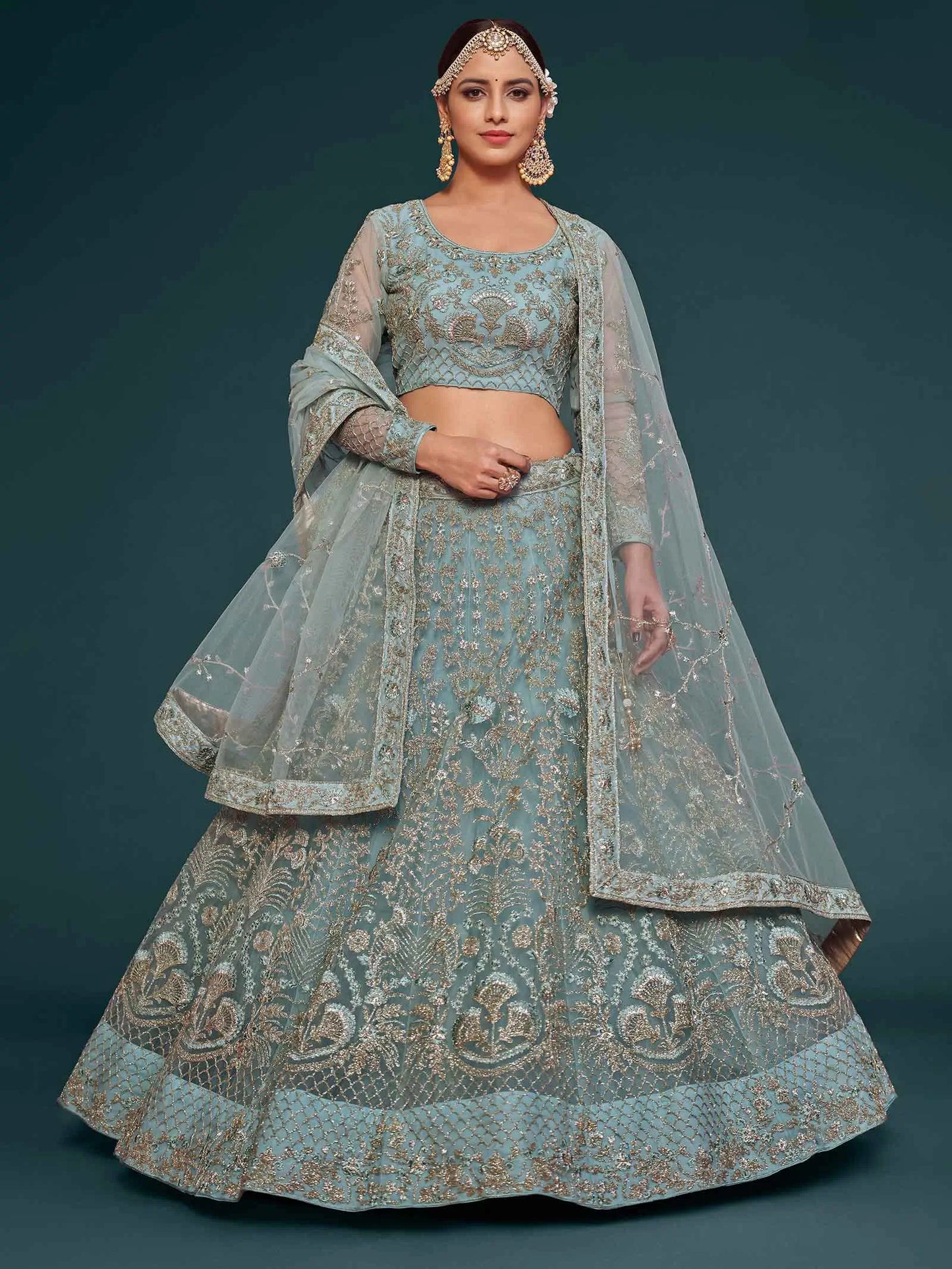 Ocean Aqua Thread Zari Badla And Glitter Dori Embroidery Work Soft Net Lehenga Choli