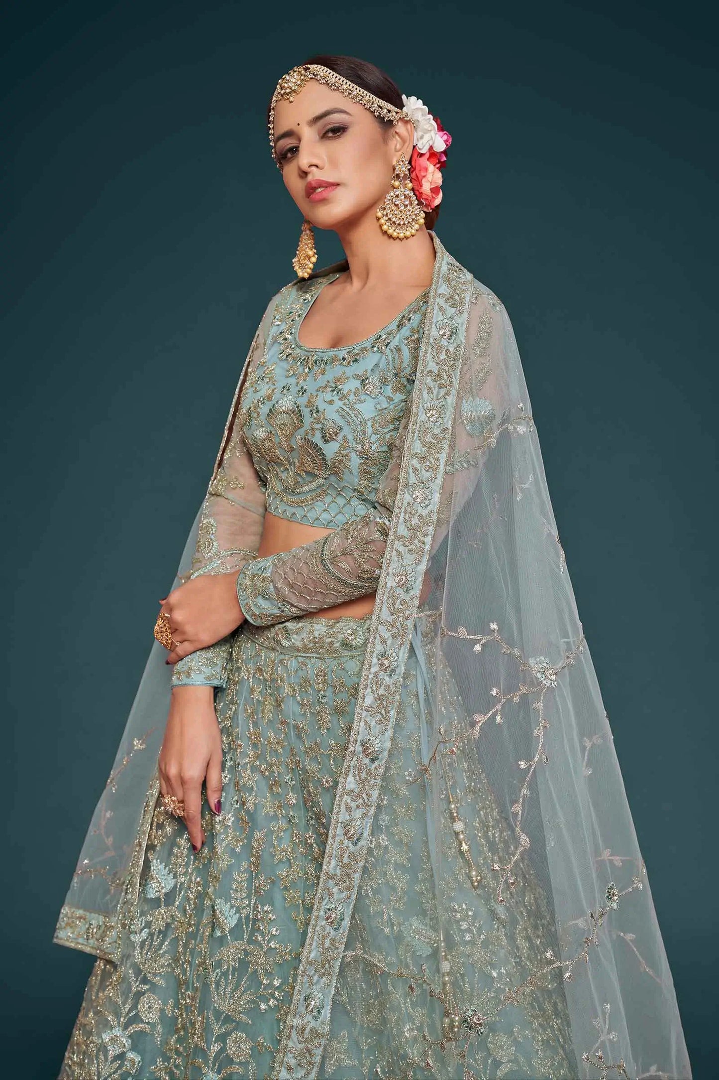 Ocean Aqua Thread Zari Badla And Glitter Dori Embroidery Work Soft Net Lehenga Choli