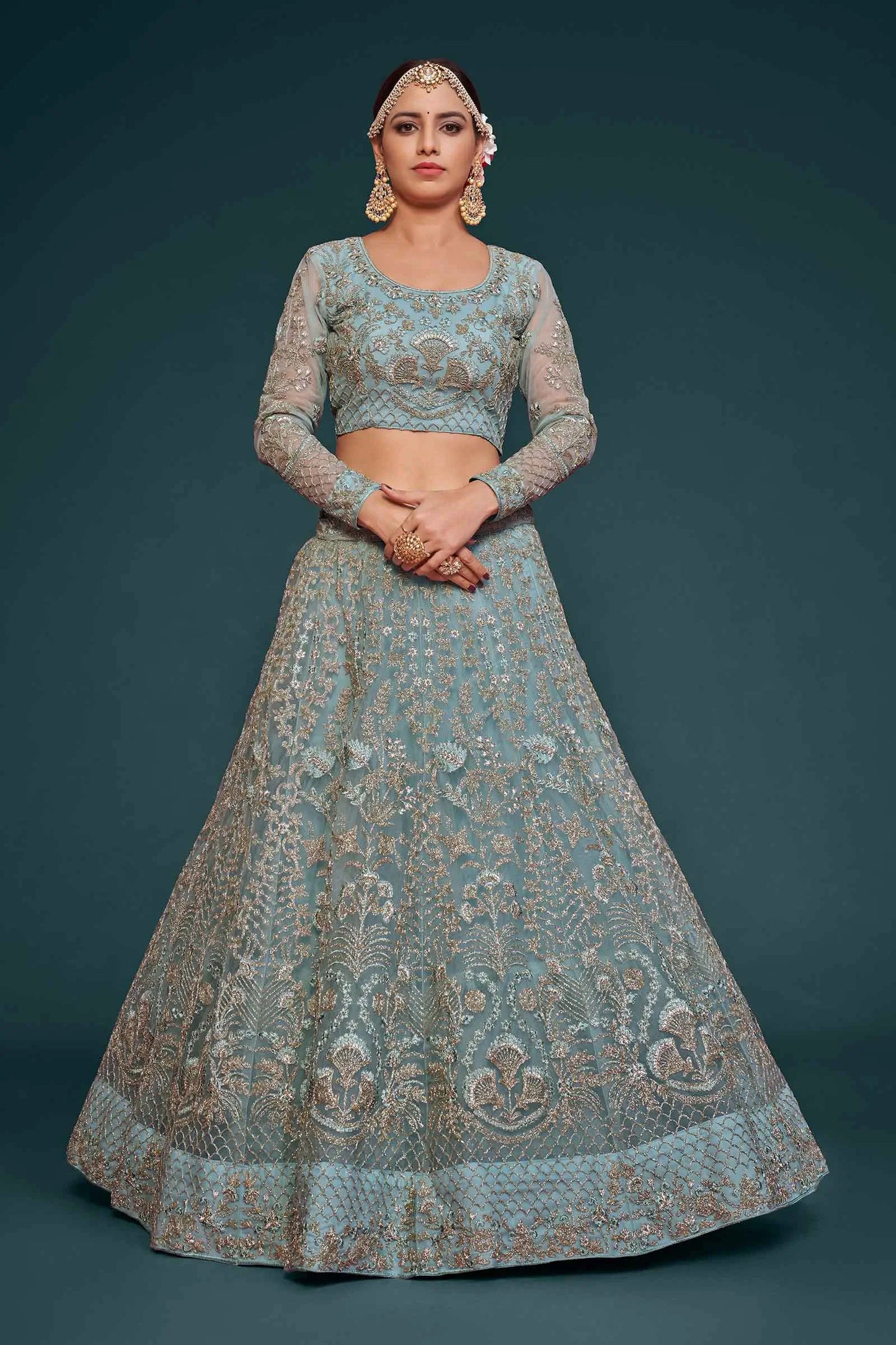 Ocean Aqua Thread Zari Badla And Glitter Dori Embroidery Work Soft Net Lehenga Choli