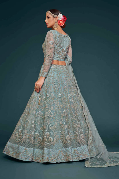 Ocean Aqua Thread Zari Badla And Glitter Dori Embroidery Work Soft Net Lehenga Choli