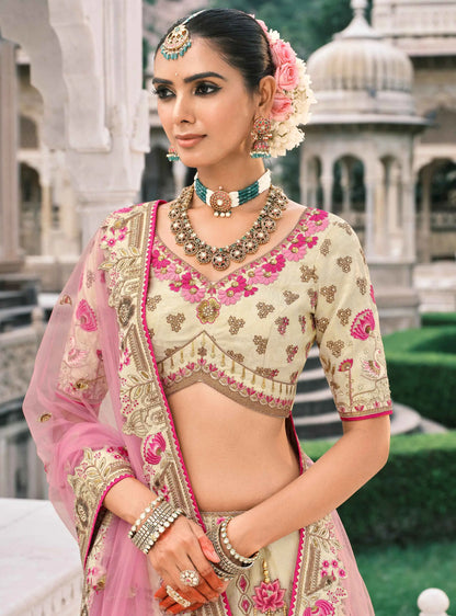 Designer Beige Bridal Lehenga With Stunning Embroidery