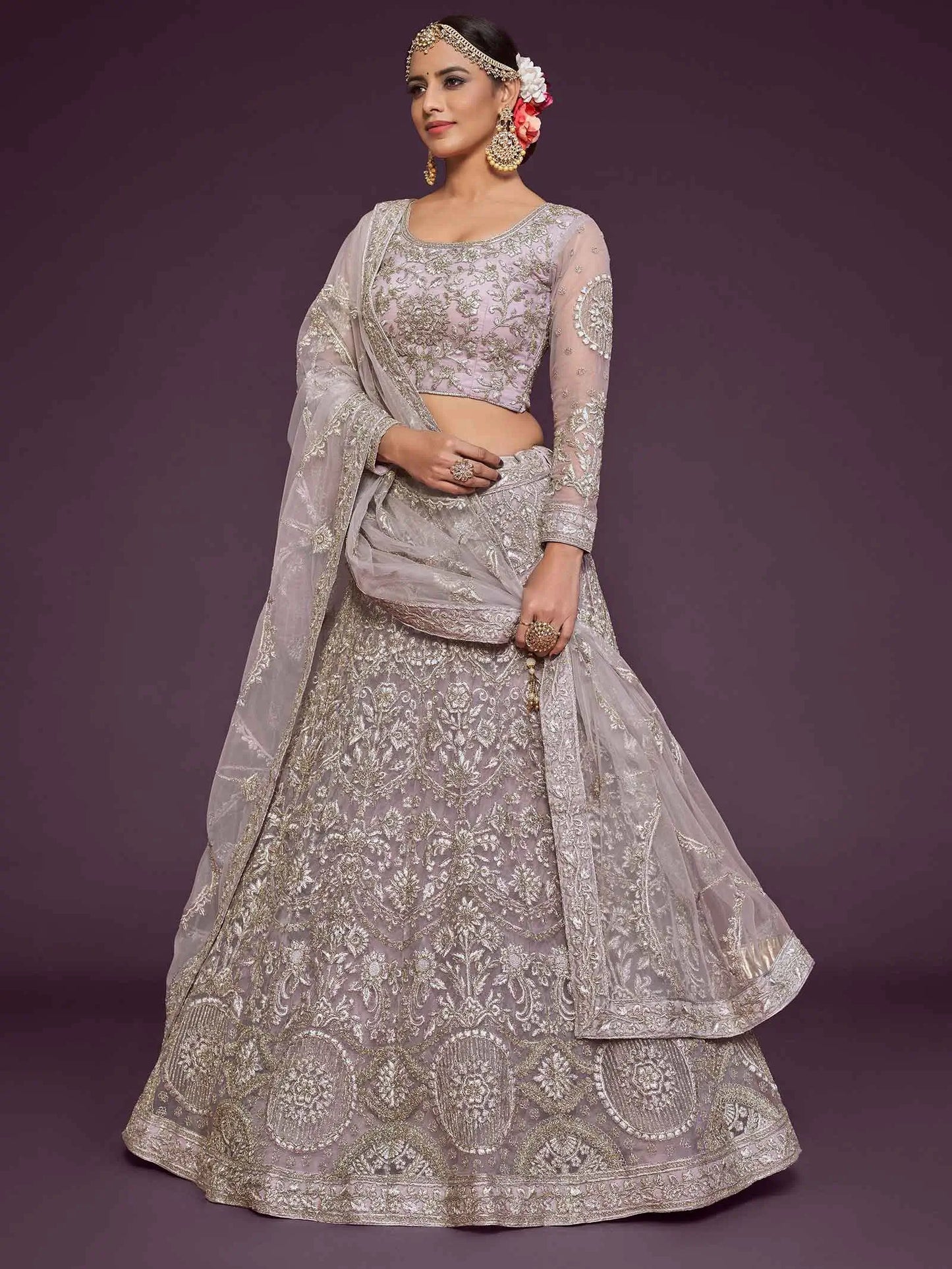 Dusky Orchid Soft Thread Zari Badla And Glitter Dori Embroidery Work Soft Net Lehenga Choli