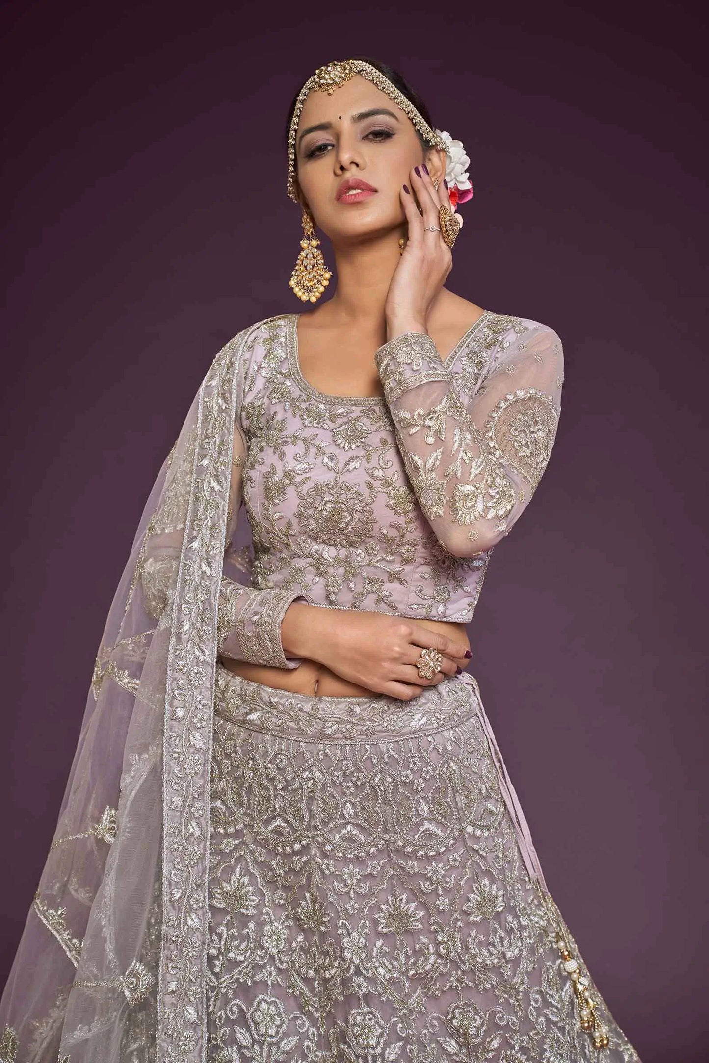 Dusky Orchid Soft Thread Zari Badla And Glitter Dori Embroidery Work Soft Net Lehenga Choli