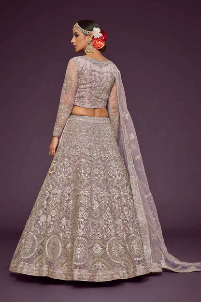 Dusky Orchid Soft Thread Zari Badla And Glitter Dori Embroidery Work Soft Net Lehenga Choli