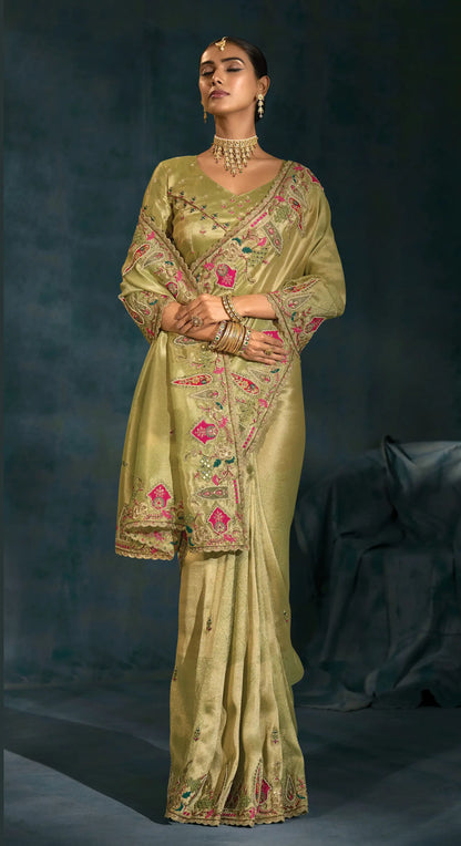 Parrot Green Heavy Embroidery & Hand Work Silk Saree