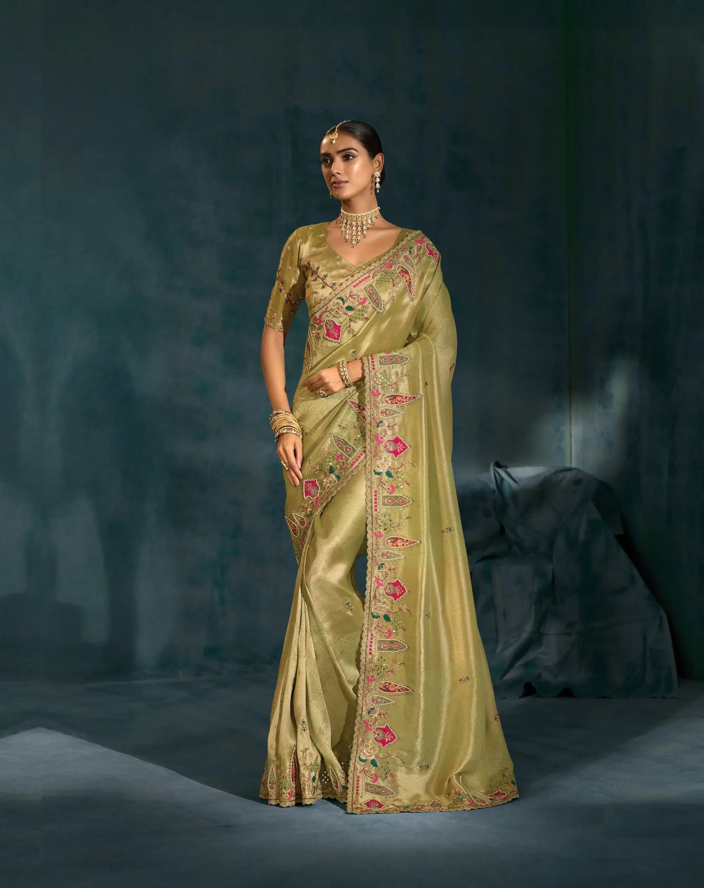 Parrot Green Heavy Embroidery & Hand Work Silk Saree