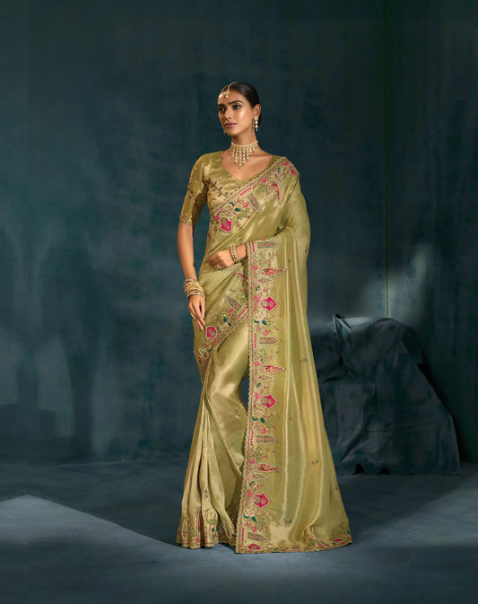 Parrot Green Heavy Embroidery & Hand Work Silk Saree