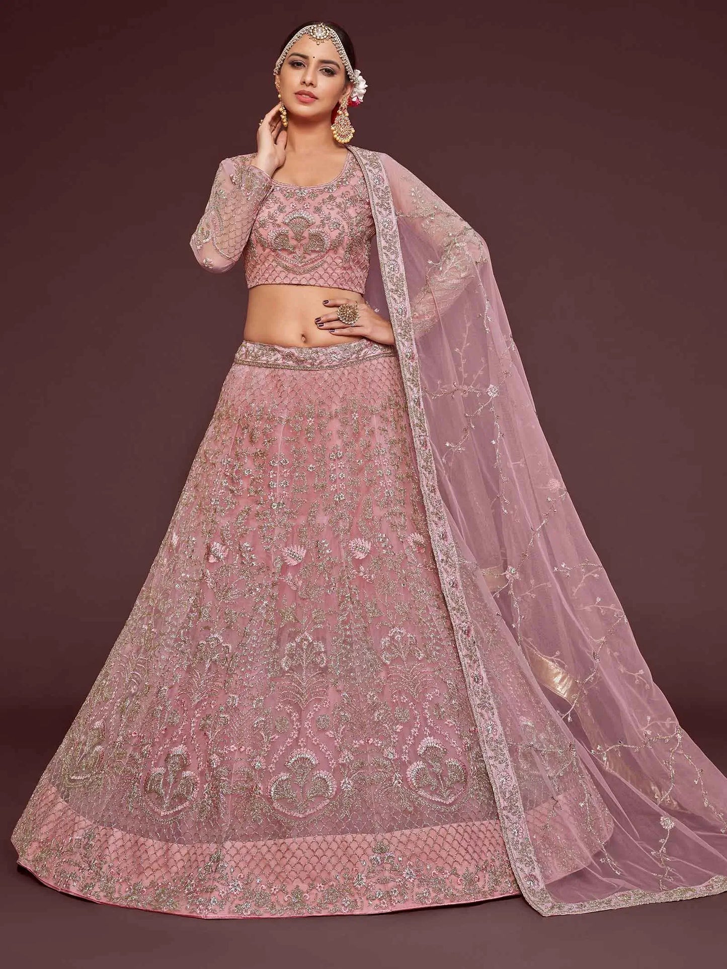 Pearl Pink Soft Net Lehenga With Thread Zari Badla And Glitter Dori Embroidery Work