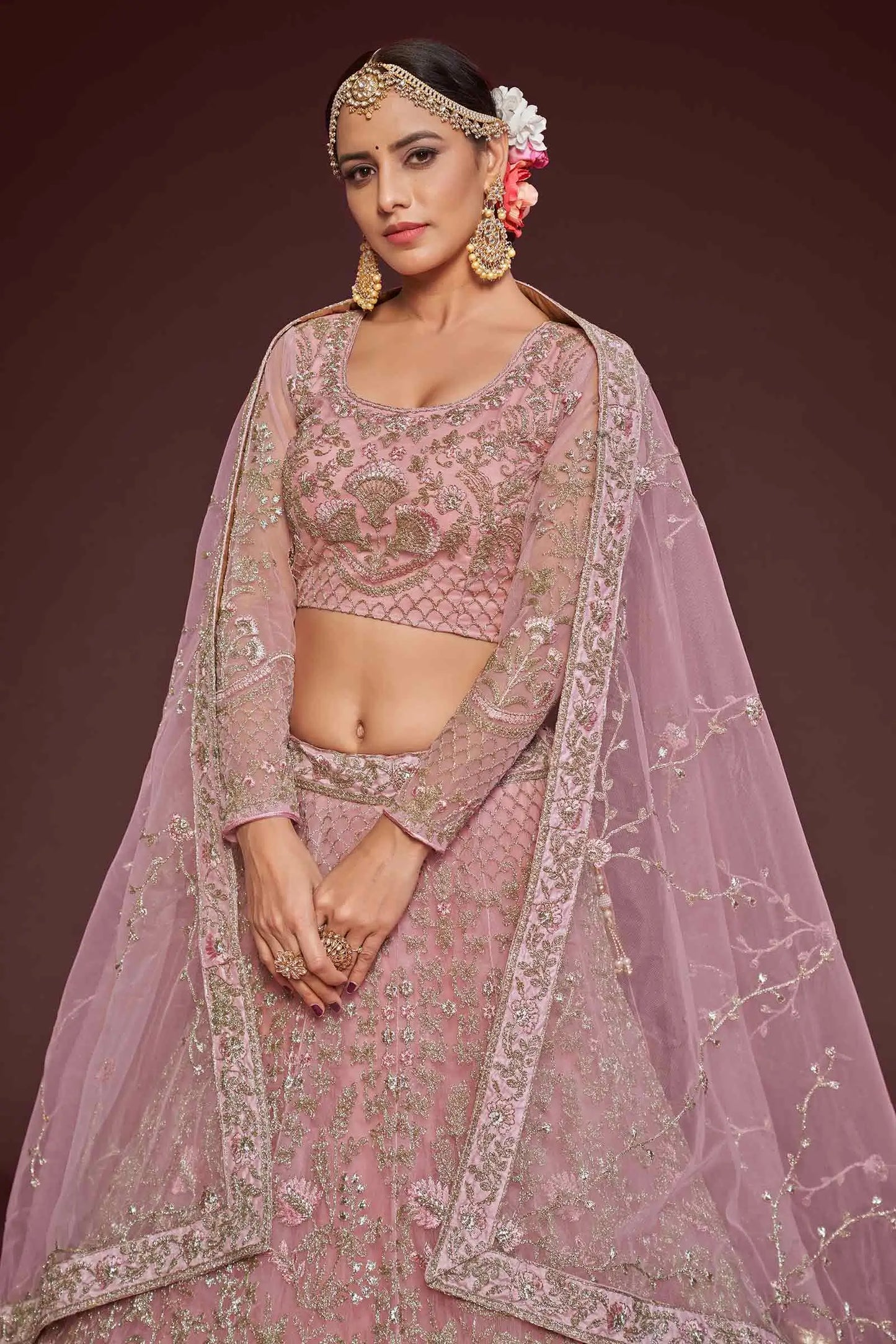 Pearl Pink Soft Net Lehenga With Thread Zari Badla And Glitter Dori Embroidery Work