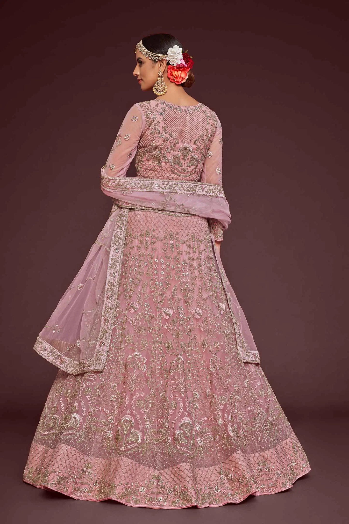 Pearl Pink Soft Net Lehenga With Thread Zari Badla And Glitter Dori Embroidery Work