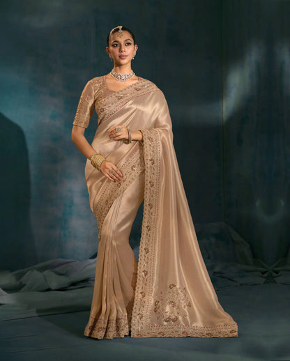 Golden Heavy Embroidery & Hand Work Silk Saree