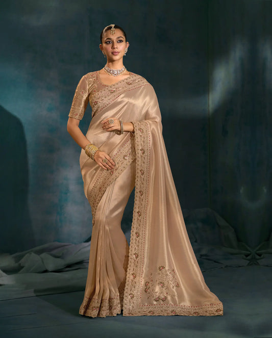 Golden Heavy Embroidery & Hand Work Silk Saree