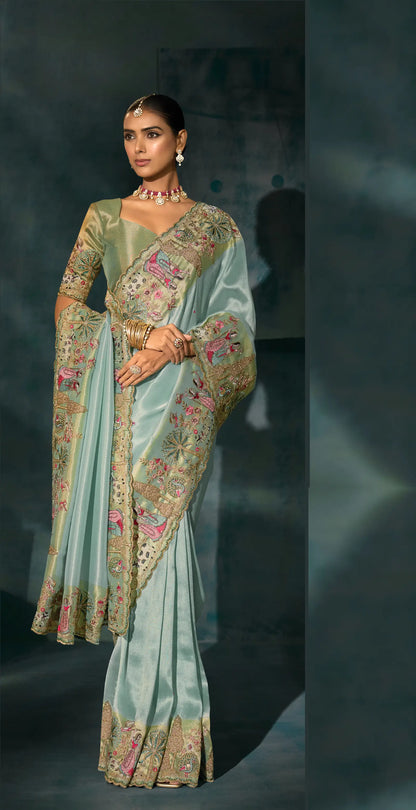 Sea Blue Heavy Embroidery & Hand Work Silk Saree