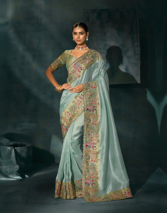 Sea Blue Heavy Embroidery & Hand Work Silk Saree