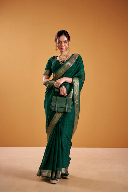 Dark Green Poly Shimmer Zari Weaving Saree