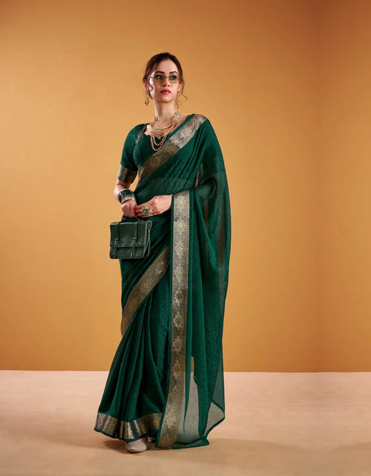 Dark Green Poly Shimmer Zari Weaving Saree