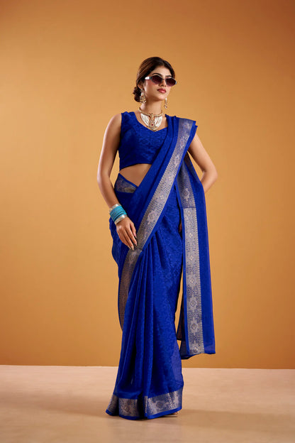 Royal Blue Poly Shimmer Zari Weaving Saree