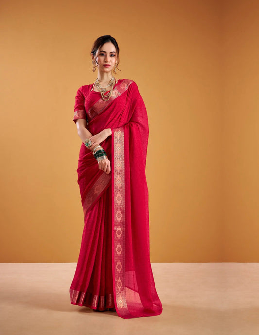 Rose Red Poly Shimmer Zari Weaving Saree
