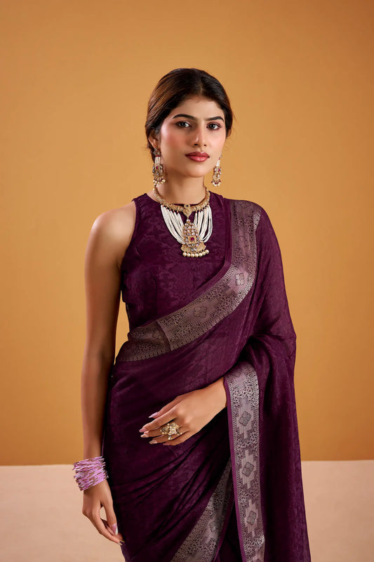 Wine Berry Poly Shimmer Zari Weaving Saree