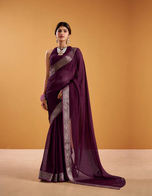 Wine Berry Poly Shimmer Zari Weaving Saree