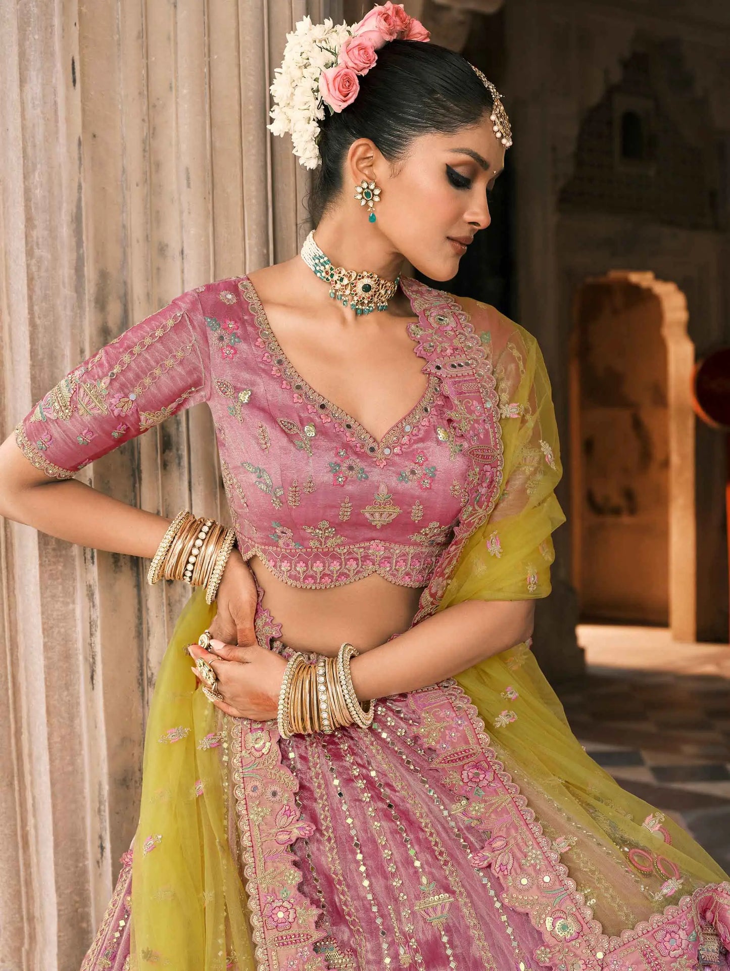 Pink Yellow Bridal Lehenga With Designer Embroidery