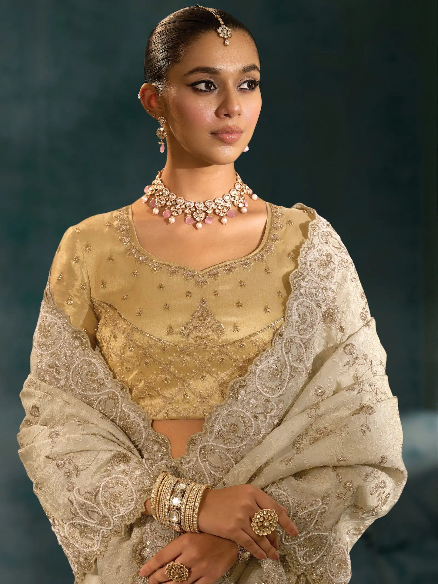 Almond Beige Heavy Embroidery & Hand Work Silk Saree