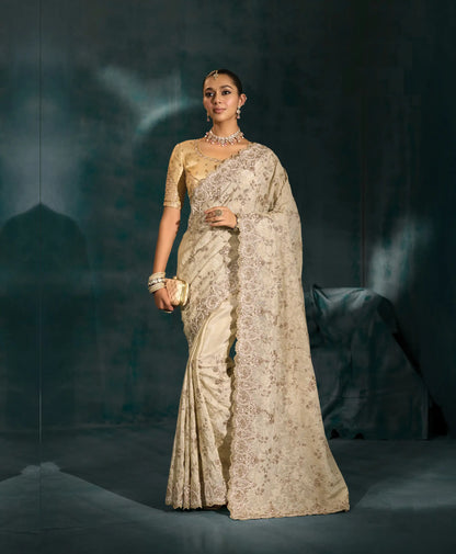 Almond Beige Heavy Embroidery & Hand Work Silk Saree