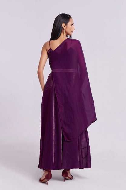 Wine Pure Organza Gown With Dupatta