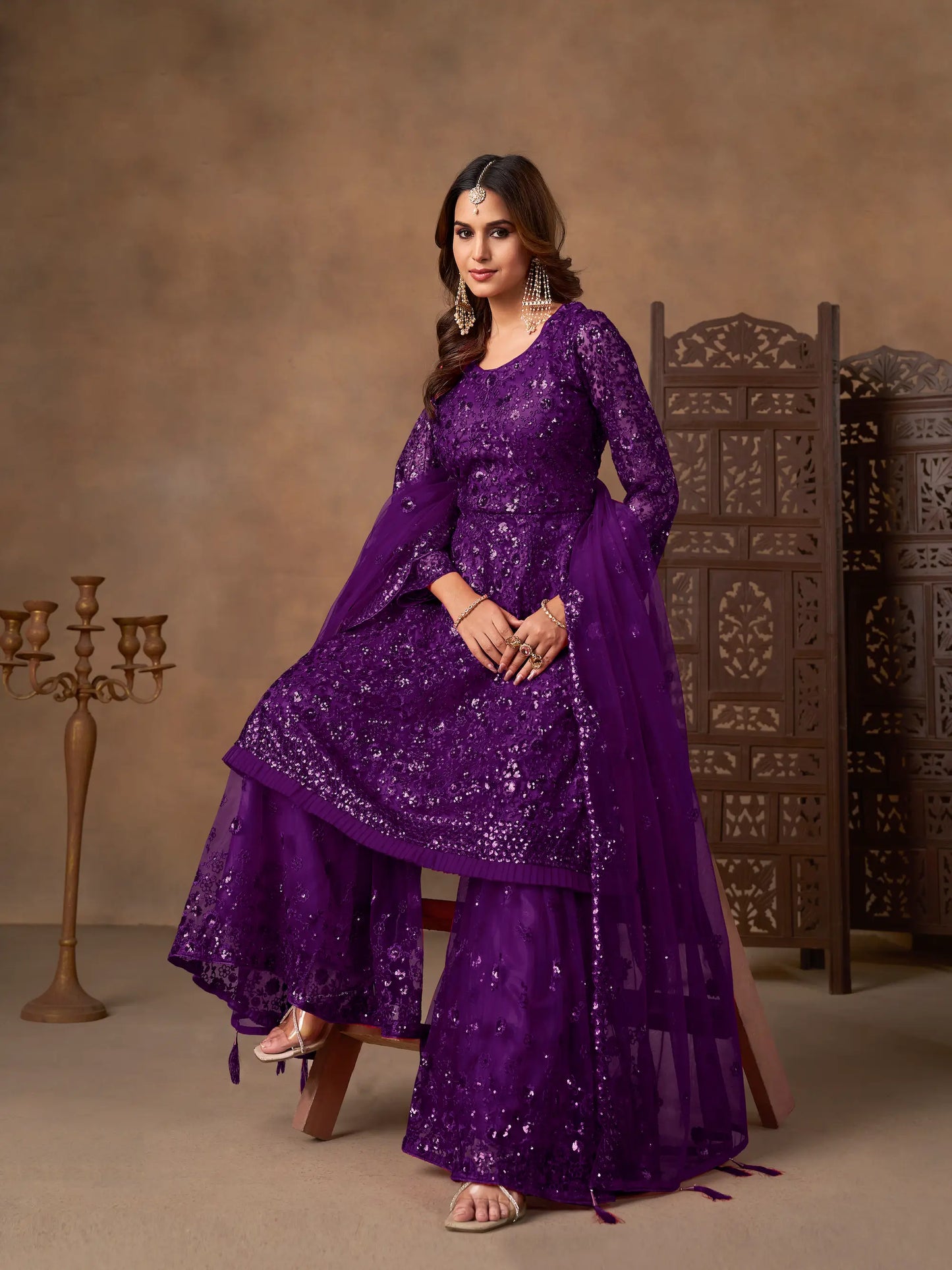 Purple Net Embroidery Work Sharara Set