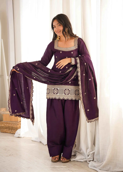 Plum Purple Embroidered Silk Salwar Suit