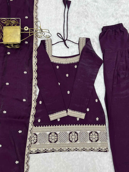 Plum Purple Embroidered Silk Salwar Suit