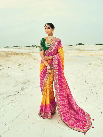 Mustard-Rani Pink Georgette Heavy Embroidered Bandhej Saree