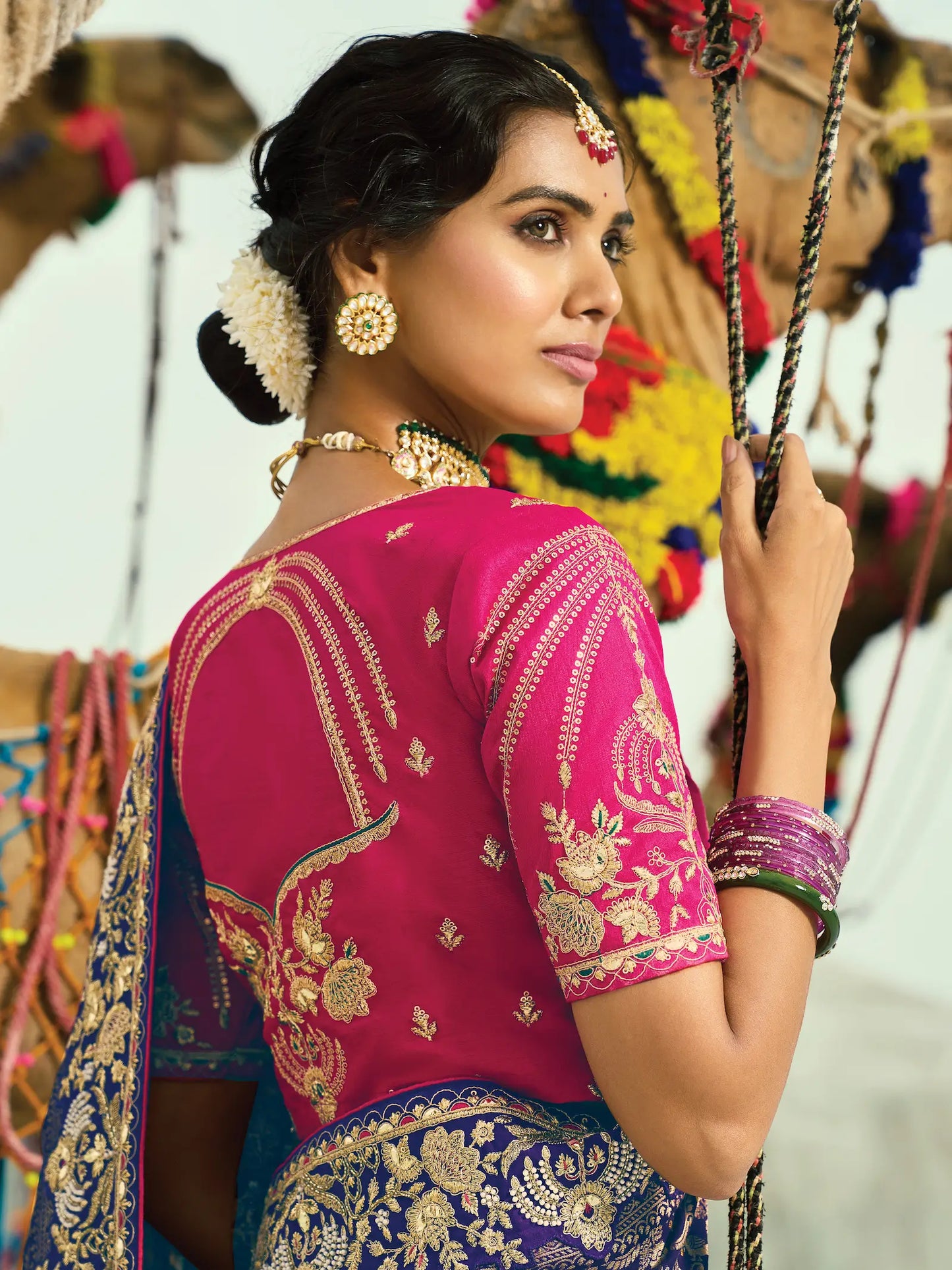 Purple-Pink-Orange Georgette Heavy Embroidered Bandhej Saree