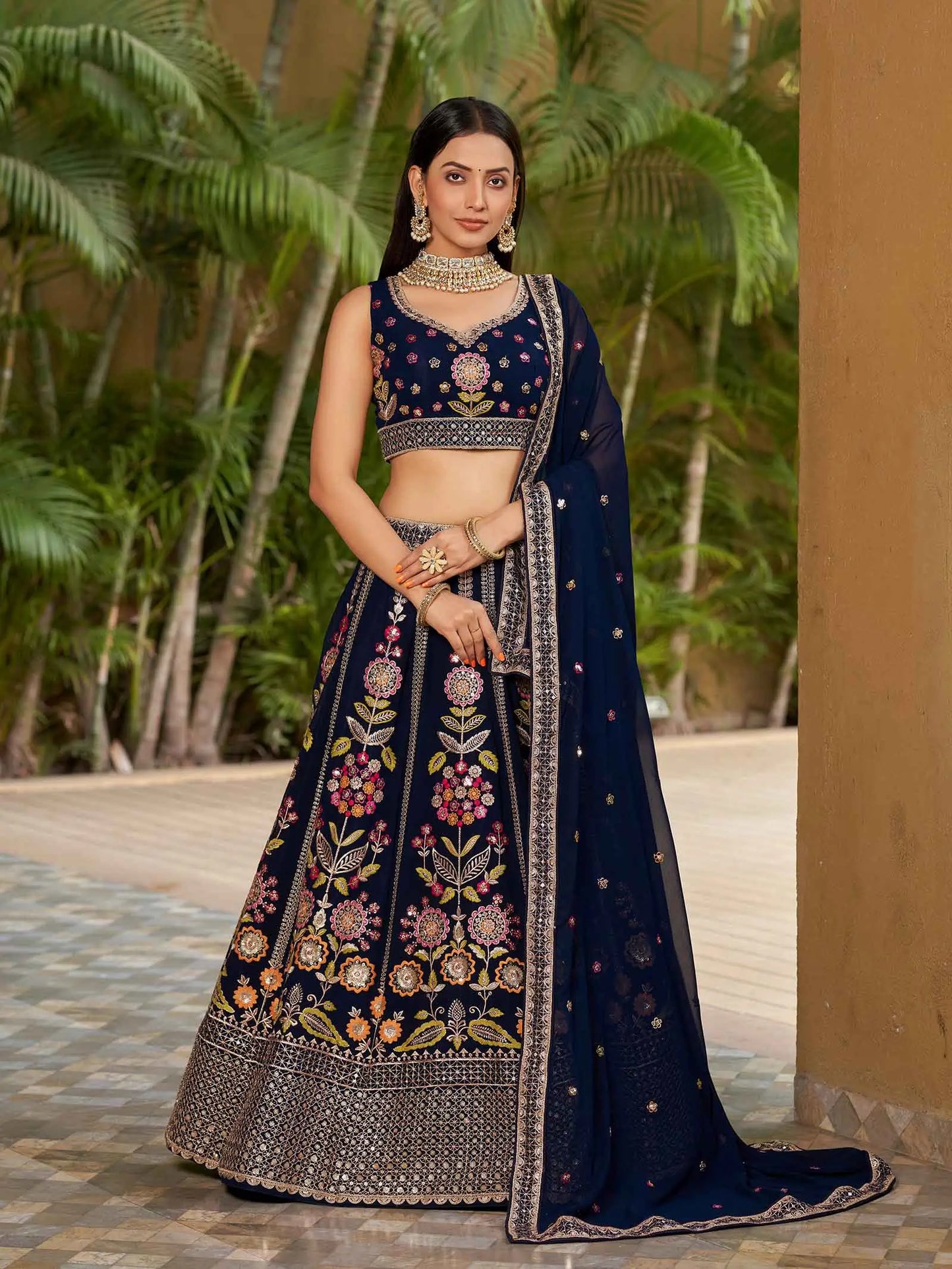 Navy Blue Georgette Lehenga With Multi Color Thread Zari Dori  And Sequins Embroidery Work