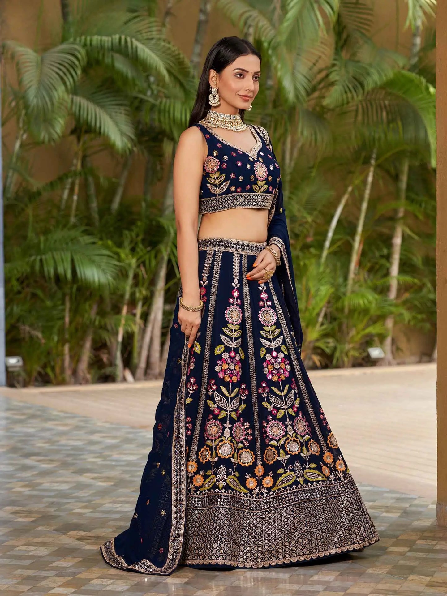 Navy Blue Georgette Lehenga With Multi Color Thread Zari Dori  And Sequins Embroidery Work