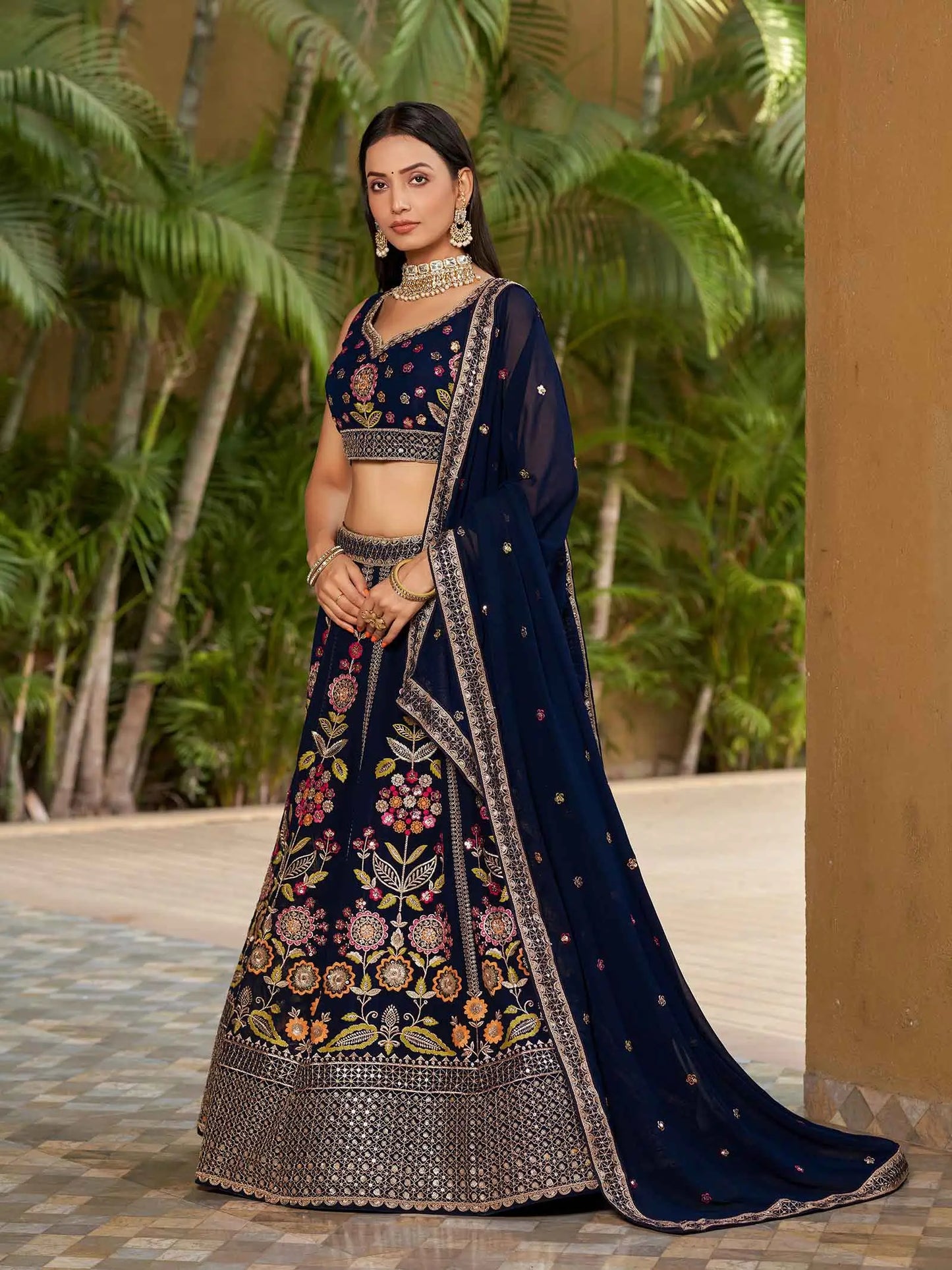 Navy Blue Georgette Lehenga With Multi Color Thread Zari Dori  And Sequins Embroidery Work