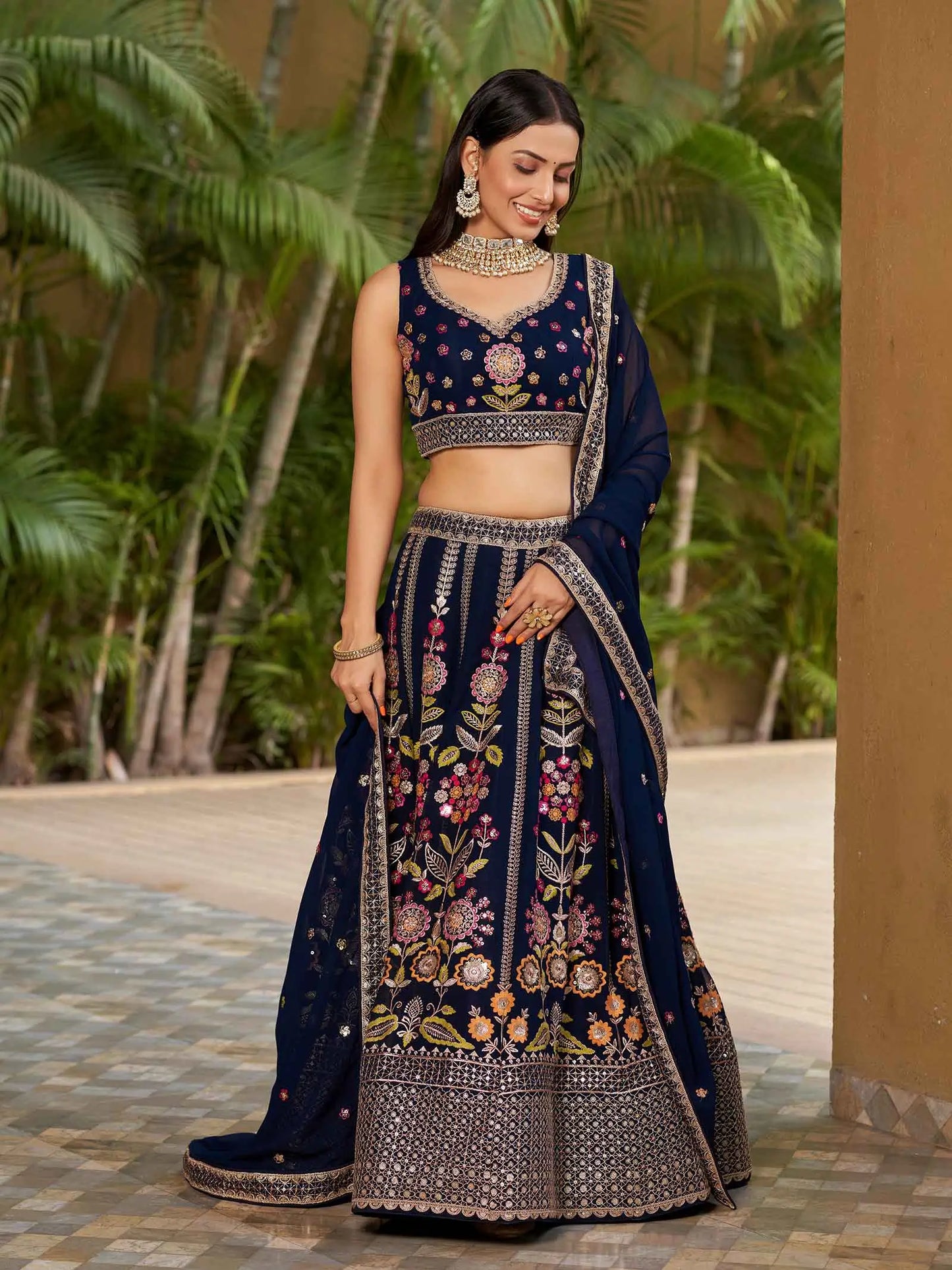 Navy Blue Georgette Lehenga With Multi Color Thread Zari Dori  And Sequins Embroidery Work