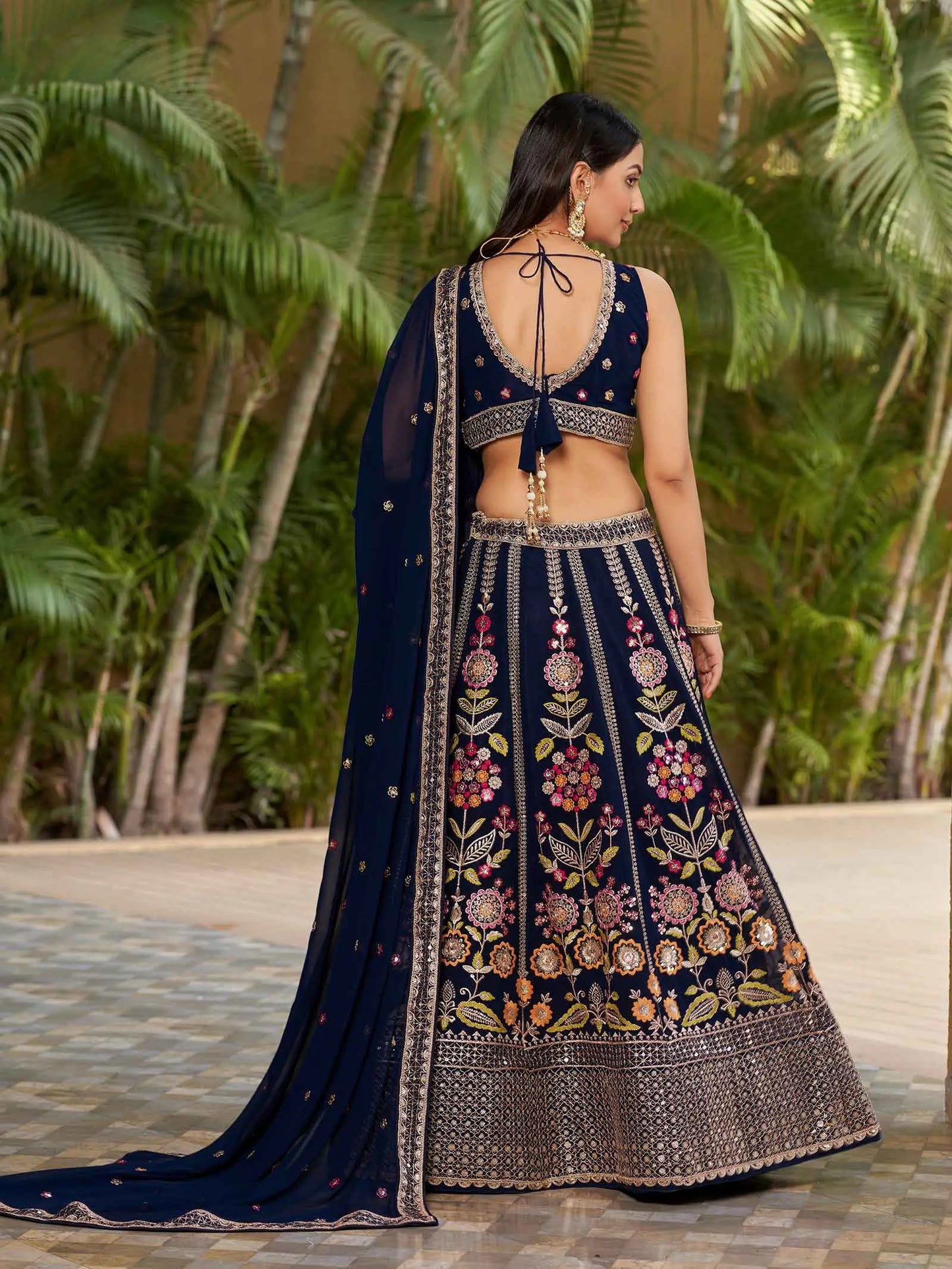 Navy Blue Georgette Lehenga With Multi Color Thread Zari Dori  And Sequins Embroidery Work