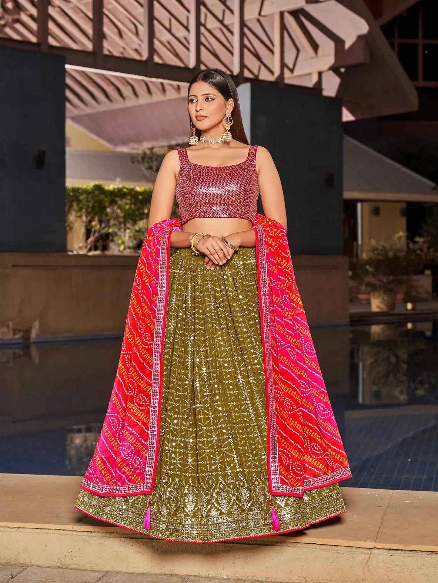 Olive Pink Georgette Lehenga With Zari And Sequins Embroidery Work