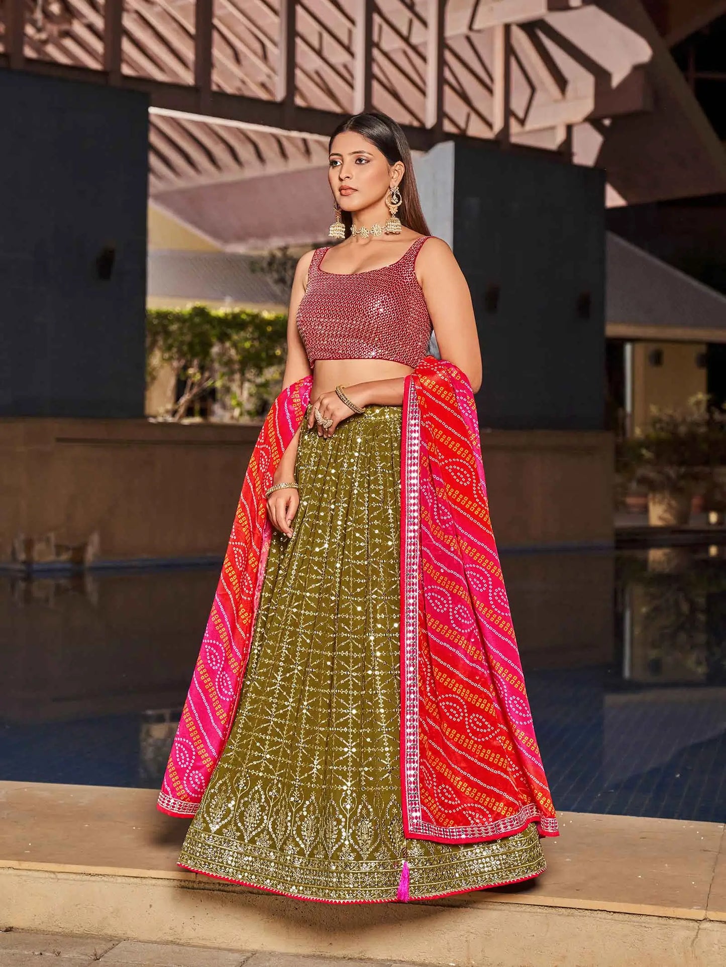 Olive Pink Georgette Lehenga With Zari And Sequins Embroidery Work