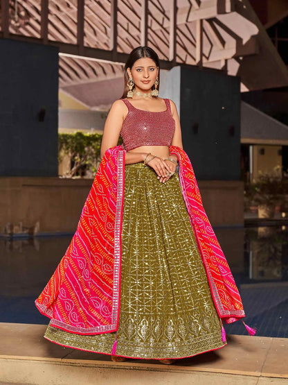 Olive Pink Georgette Lehenga With Zari And Sequins Embroidery Work