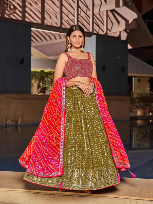 Olive Pink Georgette Lehenga With Zari And Sequins Embroidery Work