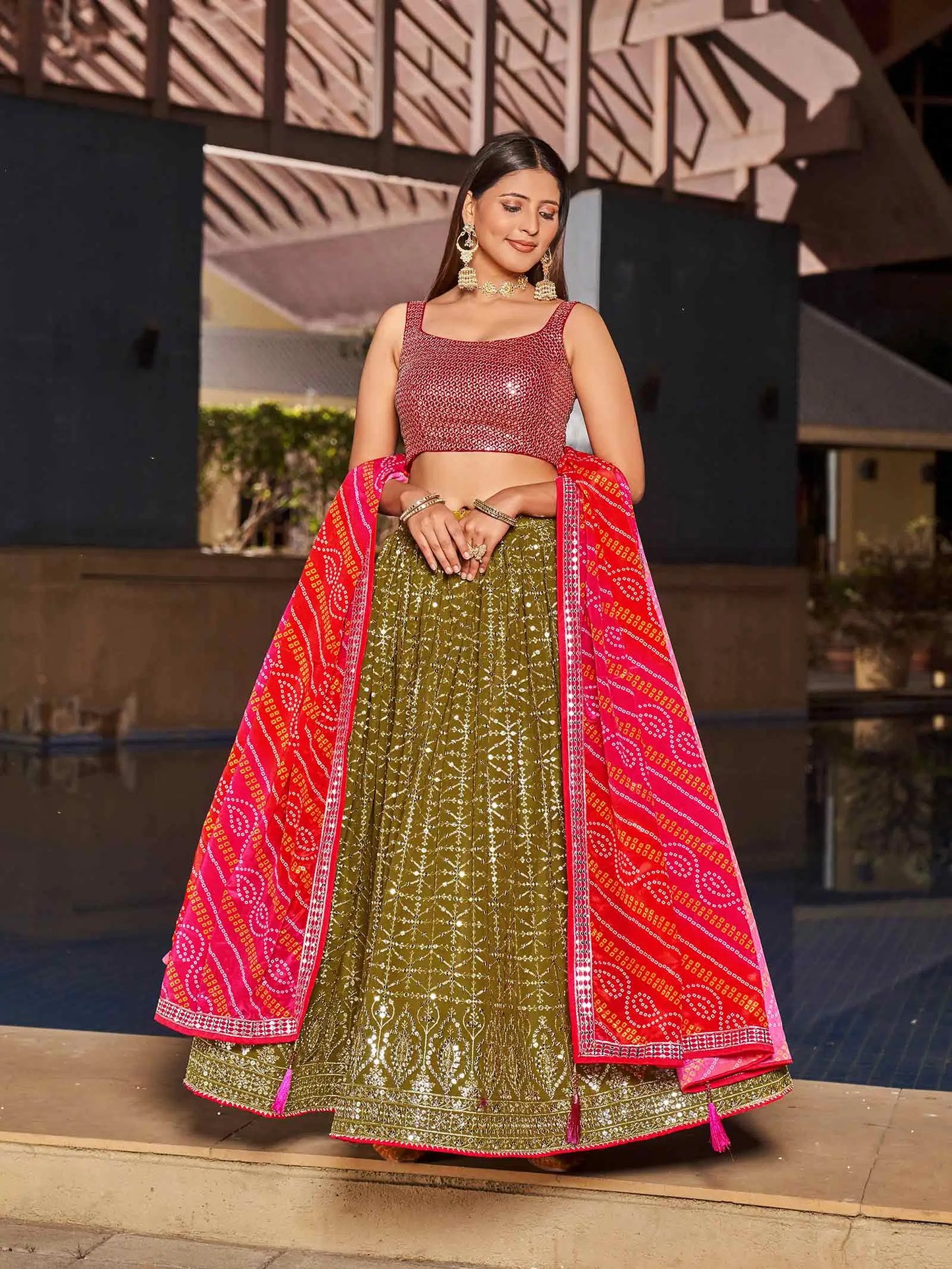 Olive Pink Georgette Lehenga With Zari And Sequins Embroidery Work