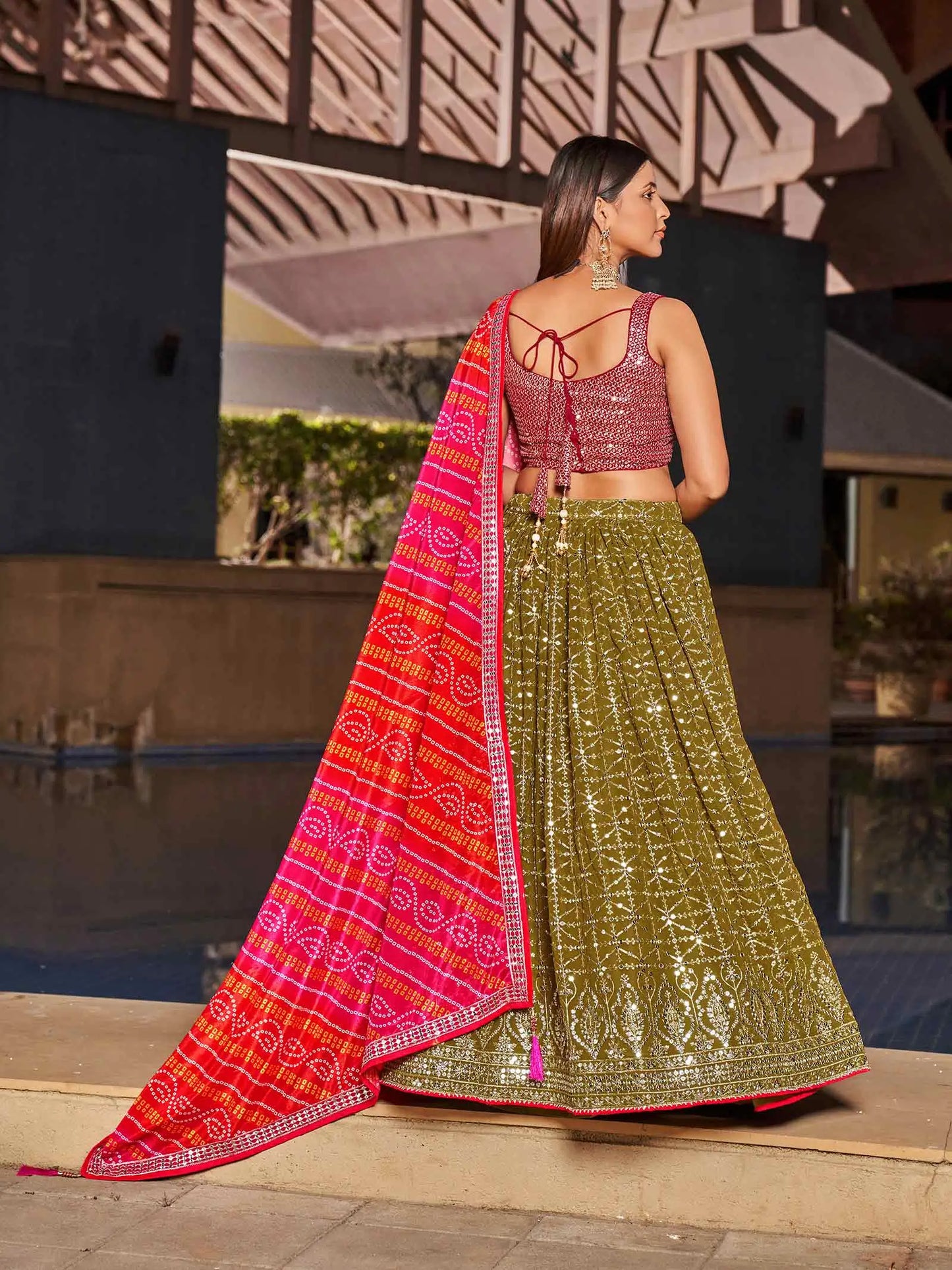 Olive Pink Georgette Lehenga With Zari And Sequins Embroidery Work