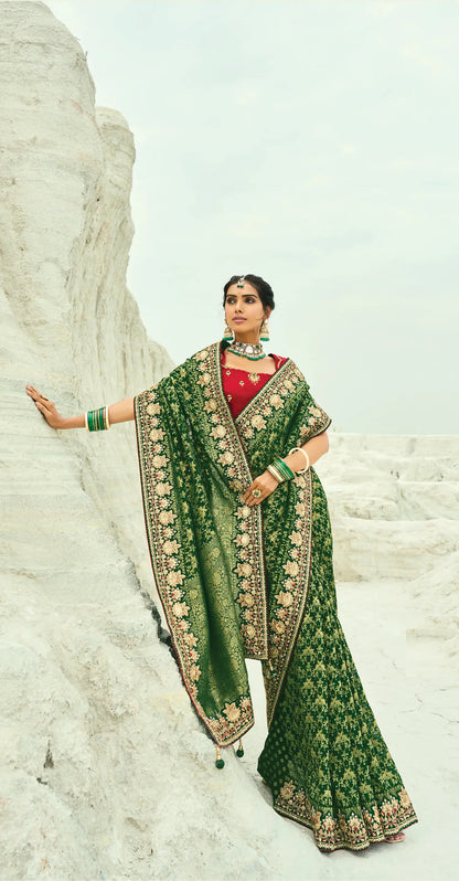 Dark Green Georgette Heavy Embroidered Bandhej Saree