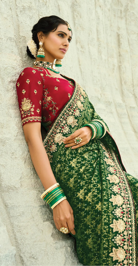 Dark Green Georgette Heavy Embroidered Bandhej Saree