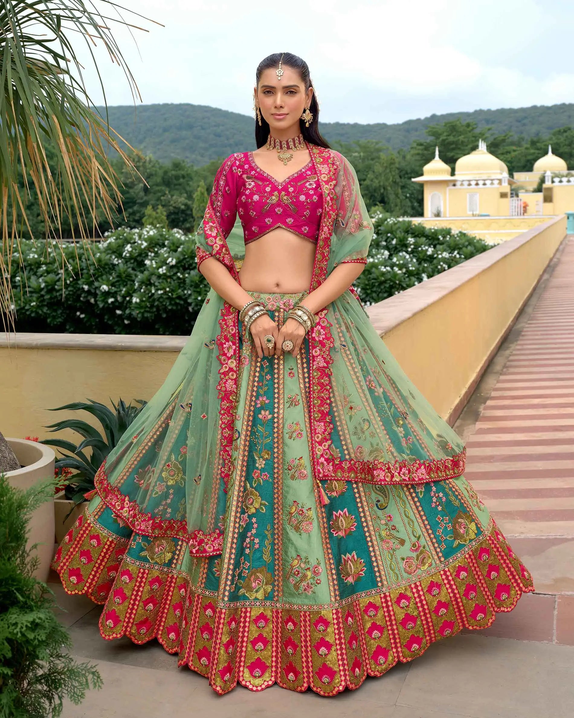 Pink blue lehenga with heavy embroidery and sequins work full view