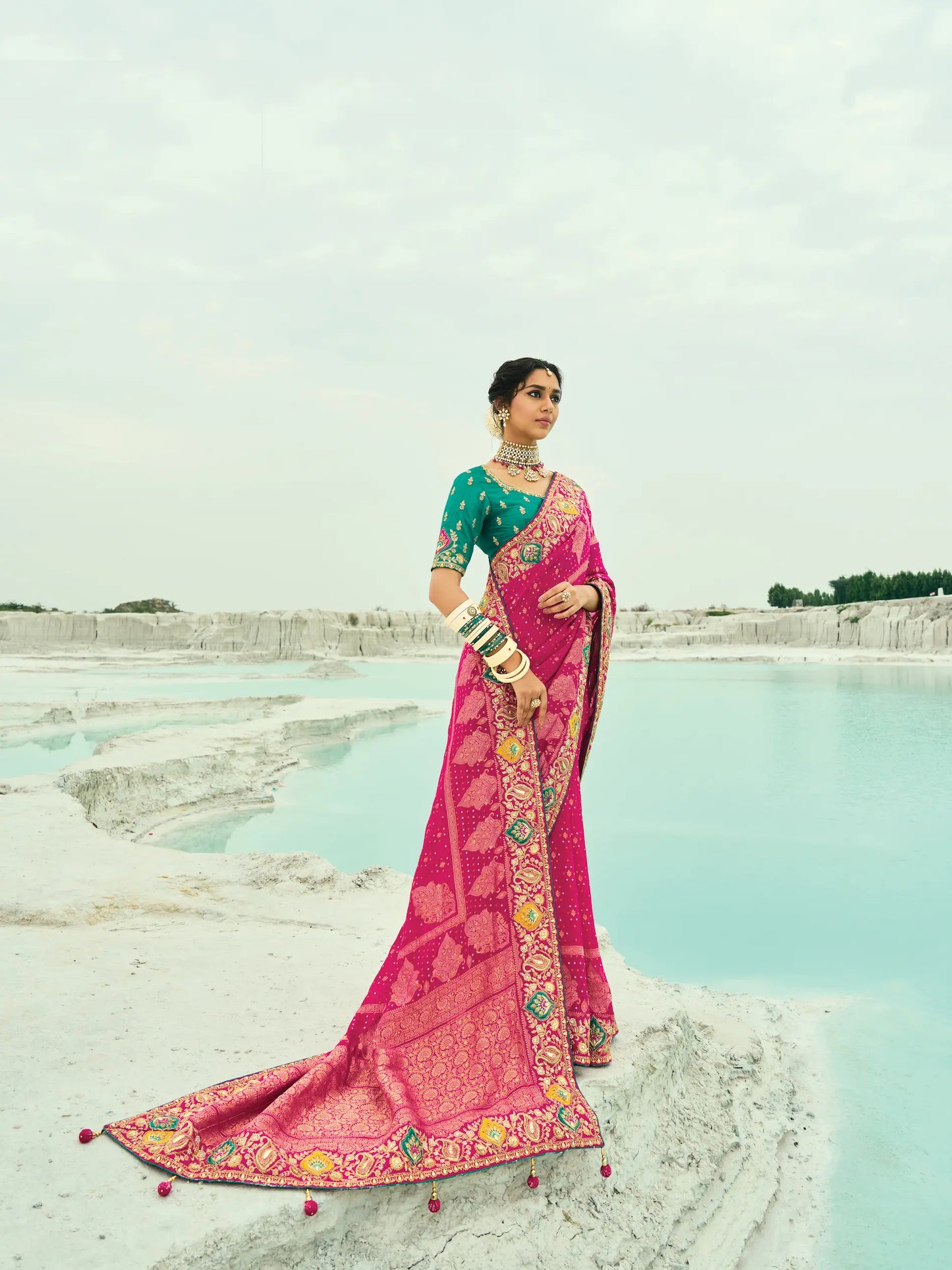 Rani Pink Georgette Heavy Embroidered Bandhej Saree