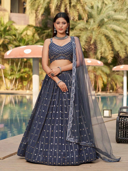 Grey Georgette Lehenga With Thread And Sequins With Mirror Paper Embroidery Work