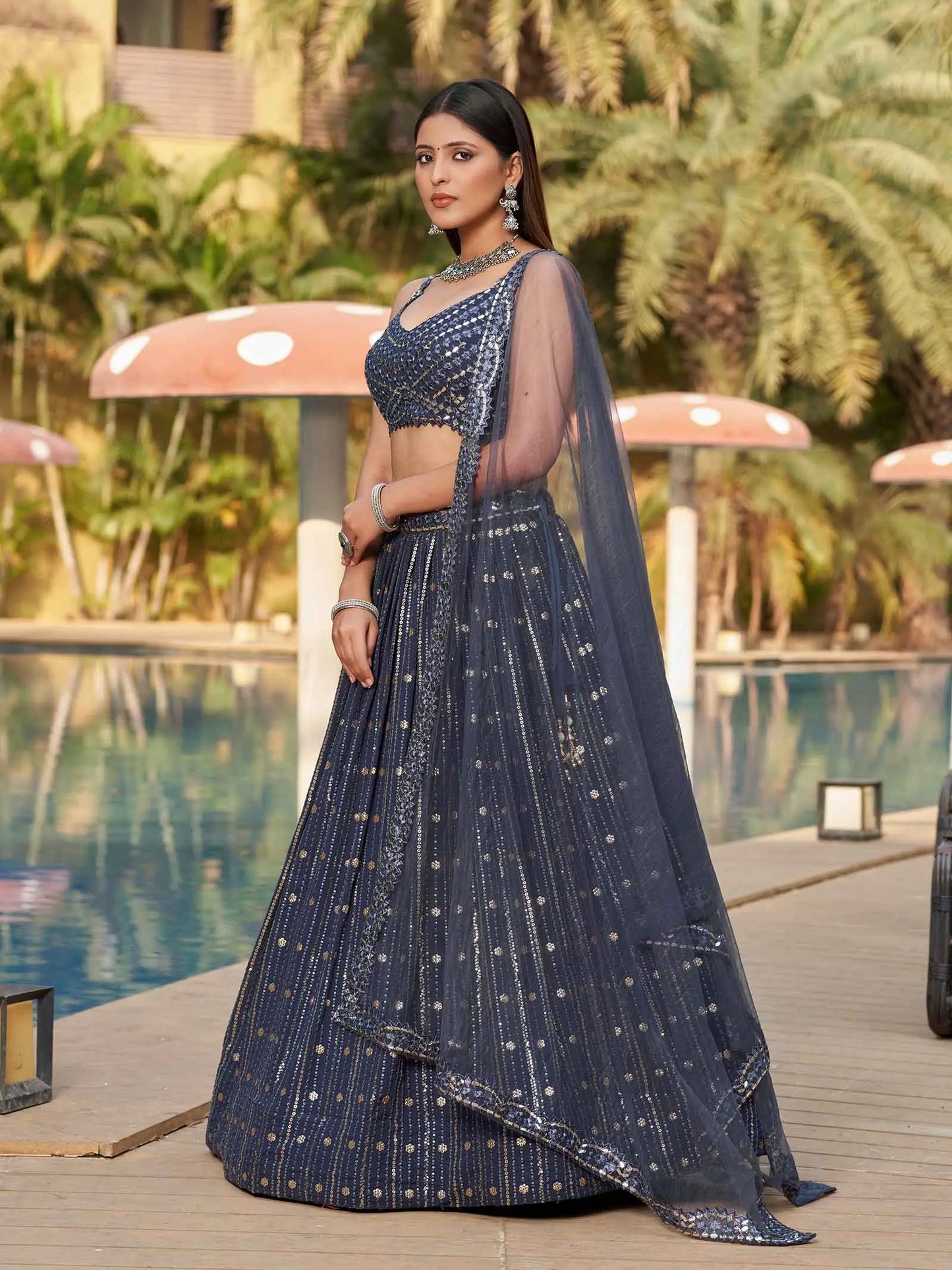 Grey Georgette Lehenga With Thread And Sequins With Mirror Paper Embroidery Work